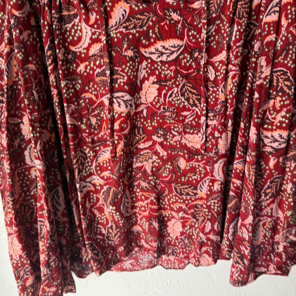 Jessica Simpson Burgundy Floral Print Tassel Neck Long‎ Slv Blouse XL Fall Boho - Picture 3 of 7